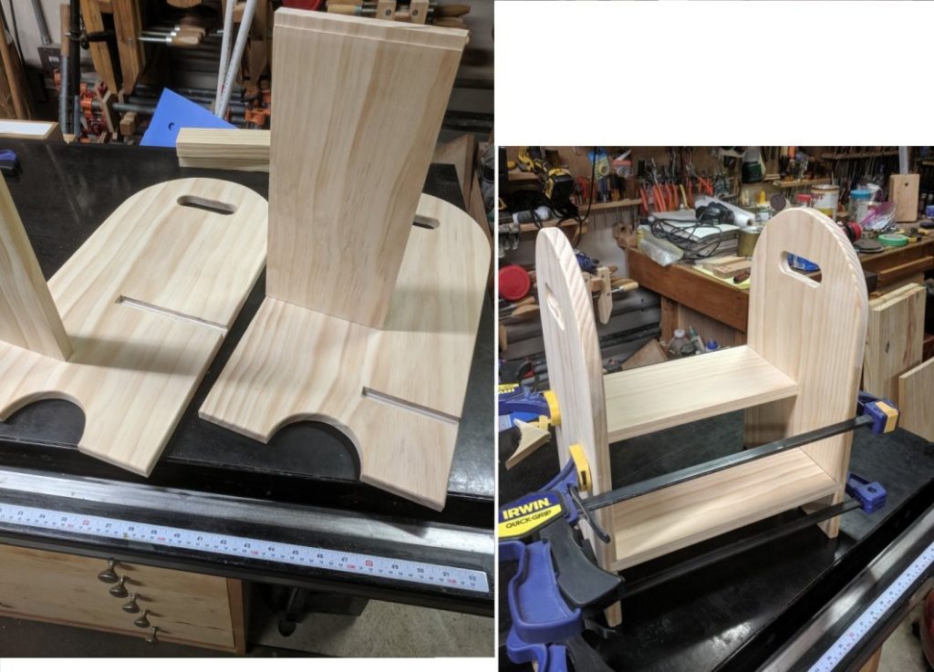 Before doing the glue-up, I sanded the inside faces of the pieces.
The joints were first glued, then clamped, and finally fastened with a 16 gauge finish nailer. I marked the centers of the joints on the outside to accurately position the nailer. I left the clamps on over night.